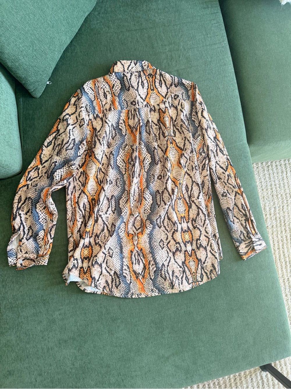 Snake Print Button-Up Blouse in Beige, Orange, Black